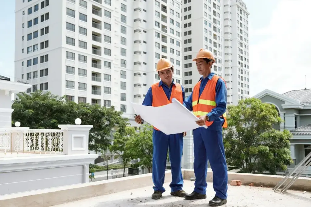 Home-Construction Construction workers in orange vests and helmets reviewing blueprints on a building site with modern apartment buildings in the background. | Sky Rye Design Construction workers in orange vests and helmets reviewing blueprints on a building site with modern apartment buildings in the background.