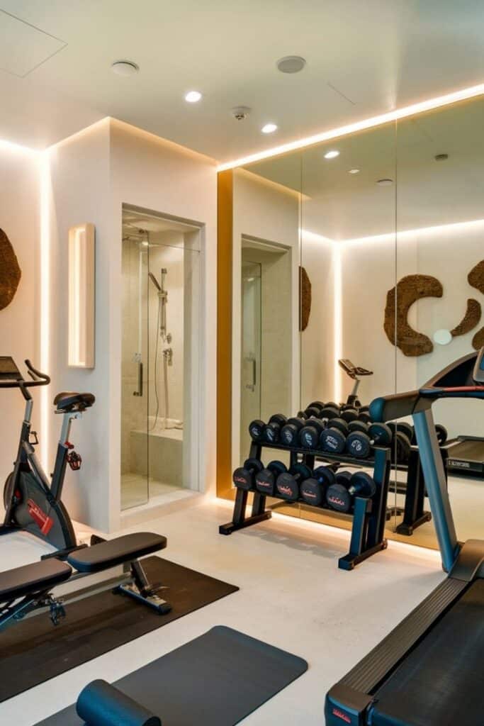 Home Gym Mirror Ideas_ Modern Luxury Modern home gym with exercise bike, weights, treadmill, and mirror. Bright, sleek design ideal for fitness enthusiasts. | Sky Rye Design Modern home gym with exercise bike, weights, treadmill, and mirror. Bright, sleek design ideal for fitness enthusiasts.