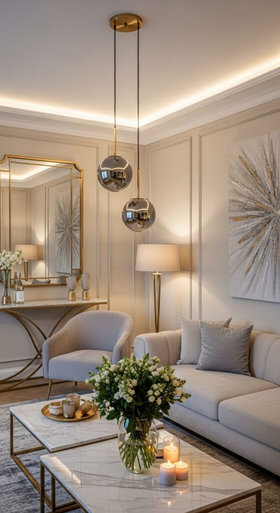 Home elevated timeless comfort in every Elegant living room with modern decor, featuring a beige sofa, marble table, and gold accents. Warm lighting enhances cozy ambiance. | Sky Rye Design Elegant living room with modern decor, featuring a beige sofa, marble table, and gold accents. Warm lighting enhances cozy ambiance. Luxury Home Decor Accessories