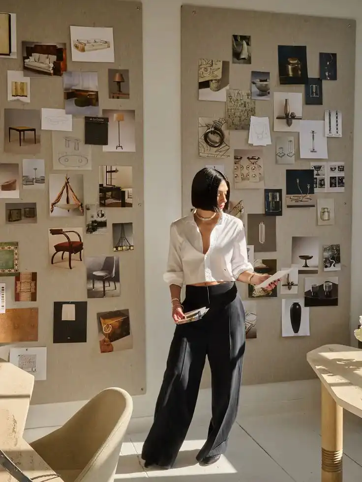 Woman in creative office space reviewing mood boards filled with interior design concepts and inspiration, holding design samples.