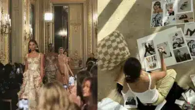 Fashion show highlights elegant designs; woman curates fashion magazine layouts on the floor.