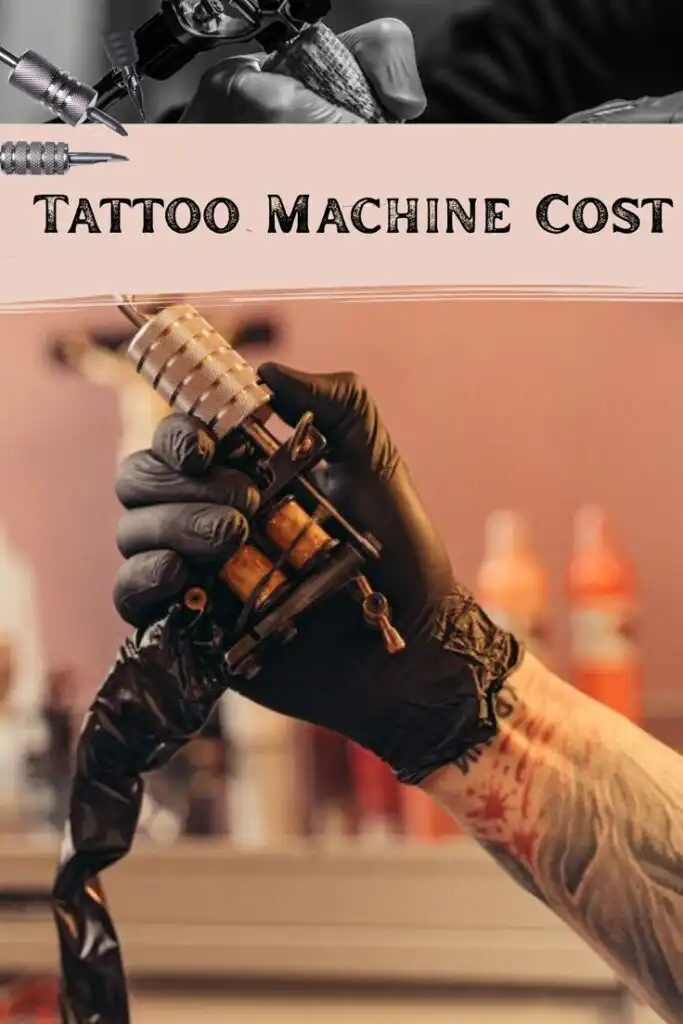 Tattoo machine held by tattoo artist in glove, focused on equipment details with soft background. Text: Tattoo Machine Cost.