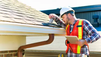 Roof inspector in safety gear examining gutter with tablet in hand. Home maintenance check for drainage and roof quality assurance.
