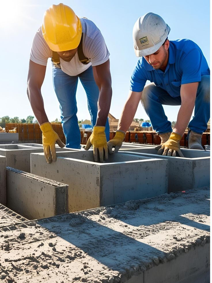 How Recycled Concrete is Revolutionizing the Construction Industry 🔄🏡 Construction workers placing concrete blocks at a building site under clear blue sky. Safety helmets and gloves worn for protection. | Sky Rye Design Construction workers placing concrete blocks at a building site under clear blue sky. Safety helmets and gloves worn for protection.