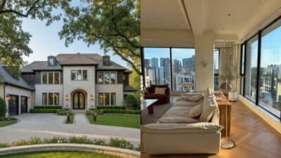 Luxurious suburban home exterior and modern apartment interior with city skyline view. Ideal for premium real estate listings.