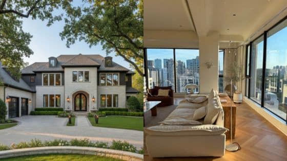 How Renting Apartments in Can Save Money Luxurious suburban home exterior and modern apartment interior with city skyline view. Ideal for premium real estate listings. | Sky Rye Design Luxurious suburban home exterior and modern apartment interior with city skyline view. Ideal for premium real estate listings.