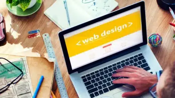 How-Smart-Link-Building-Enhances-Modern-Web-Design-Strategy Person working on laptop with web design displayed, surrounded by desk items like notebooks, coffee, and potted plant. | Sky Rye Design Person working on laptop with web design displayed, surrounded by desk items like notebooks, coffee, and potted plant.