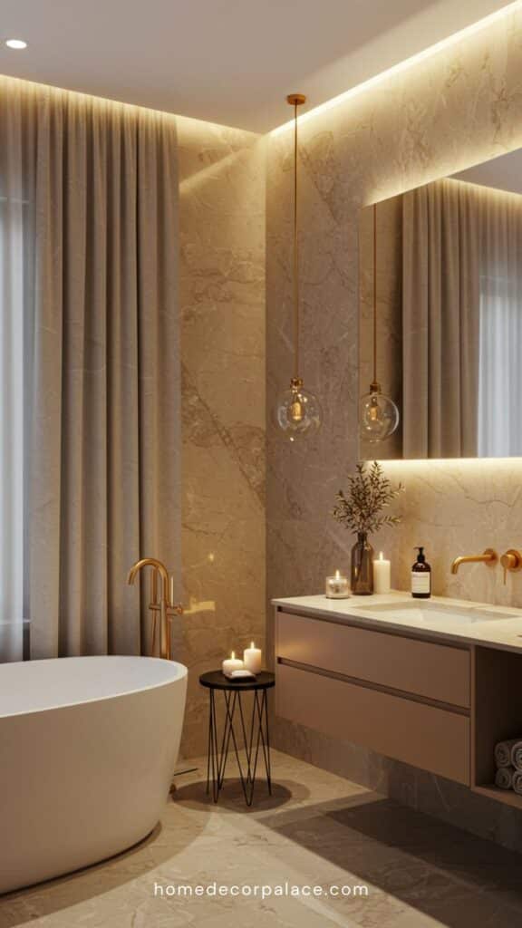 How To Choose the Perfect Elegant Bathroom Color Palette for a Sophisticated Look Luxurious bathroom with modern bathtub, marble walls, elegant lighting, and decor. Perfect for relaxation and contemporary design inspiration. | Sky Rye Design Luxurious bathroom with modern bathtub, marble walls, elegant lighting, and decor. Perfect for relaxation and contemporary design inspiration.