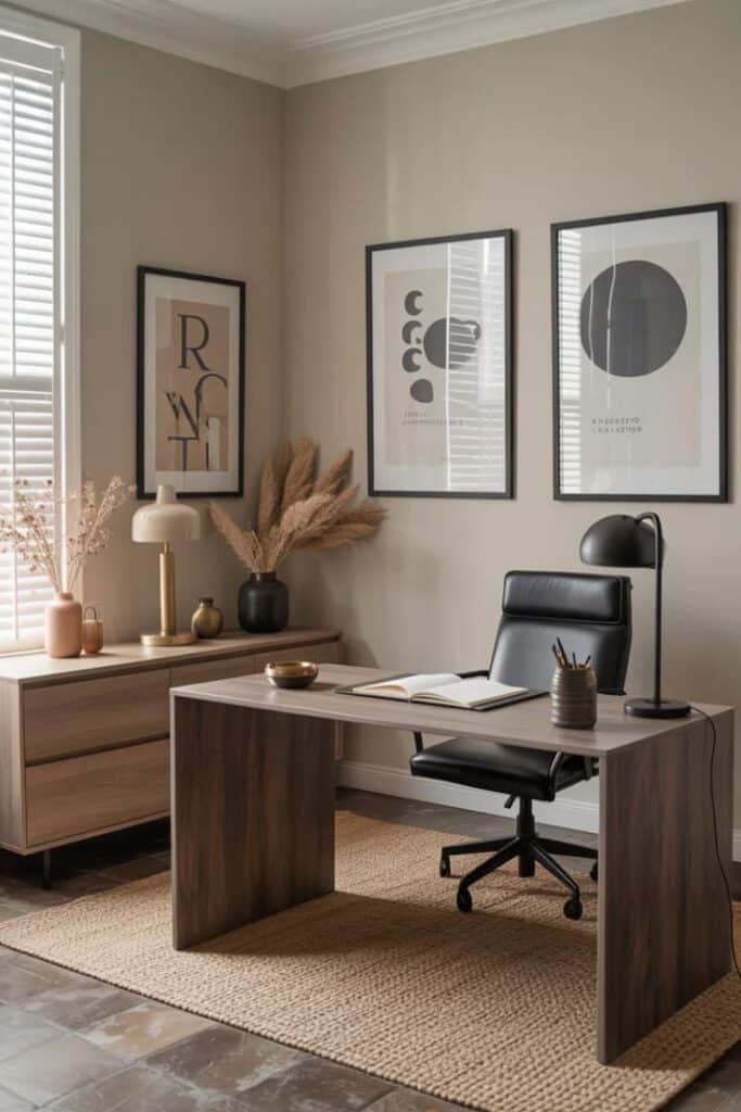 How To Decorate Your Office At Work_ Transform Modern home office with wooden desk, black chair, and abstract wall art. Minimalist decor includes plants and a desk lamp, enhancing productivity. | Sky Rye Design Modern home office with wooden desk, black chair, and abstract wall art. Minimalist decor includes plants and a desk lamp, enhancing productivity.