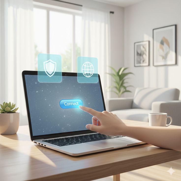 Finger touching “Connect” on a laptop screen in a bright room, with security and globe icons floating, representing secure online connection.