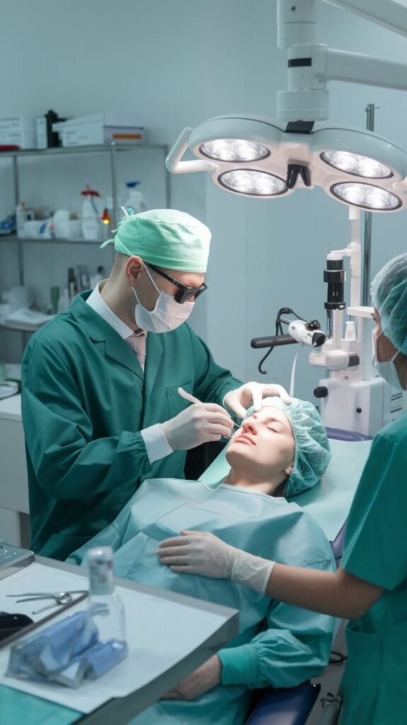 How good and safe is the Lasik eye surgery in India_ Surgeons perform a delicate facial procedure in a modern operating room, under bright surgical lights. Medical team in green scrubs. | Sky Rye Design Surgeons perform a delicate facial procedure in a modern operating room, under bright surgical lights. Medical team in green scrubs.