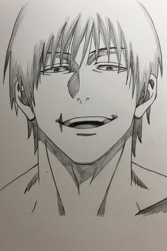Grayscale anime sketch of a smiling character with shaggy hair and a confident expression, conveying a mysterious and intriguing aura.