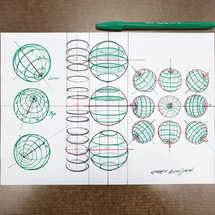 How to Draw a 3D Circle 3 Geometry drawing tutorial with 3D spheres and sketches, showcasing construction lines and anatomy in green and red ink. Pen nearby. | Sky Rye Design Geometry drawing tutorial with 3D spheres and sketches, showcasing construction lines and anatomy in green and red ink. Pen nearby.