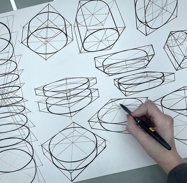 Hand drawing geometric shapes on paper, focusing on 3D perspective and lines, using a black pen for precision and design accuracy.