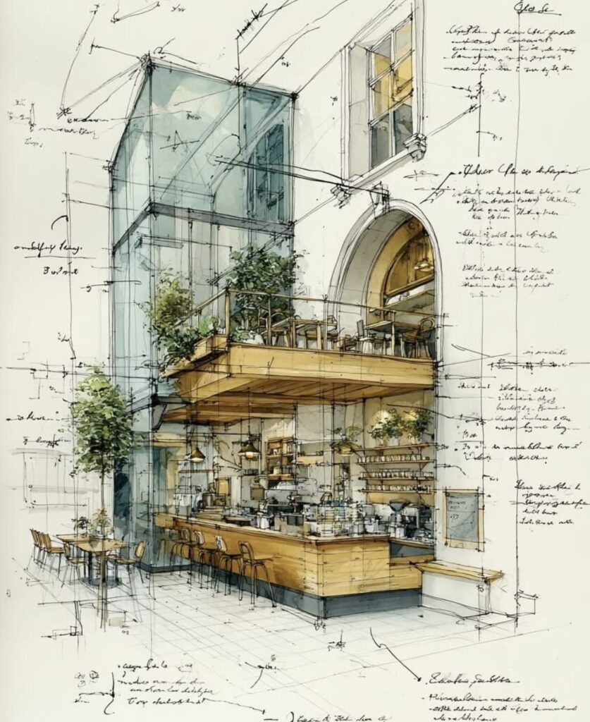 Screenshot Architectural sketch of a modern café design, featuring an open layout with a glass facade, balcony seating, and interior detailing. | Sky Rye Design Architectural sketch of a modern café design, featuring an open layout with a glass facade, balcony seating, and interior detailing.