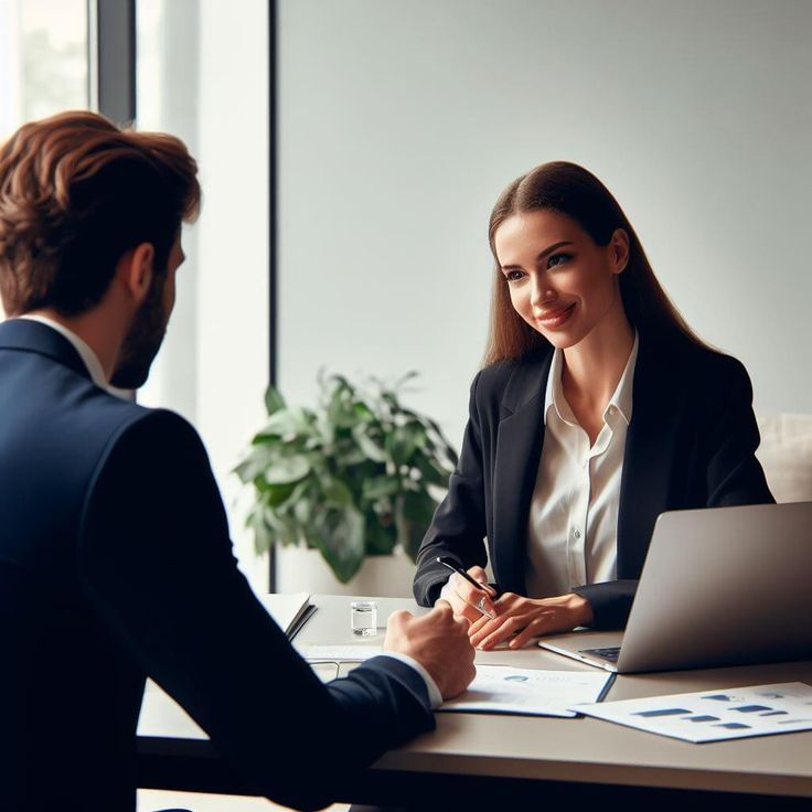 How to Hire a Great Fractional CMO Professional meeting in office: Woman in black blazer smiling, discussing business with a man across a desk with a laptop and documents. | Sky Rye Design Professional meeting in office: Woman in black blazer smiling, discussing business with a man across a desk with a laptop and documents.