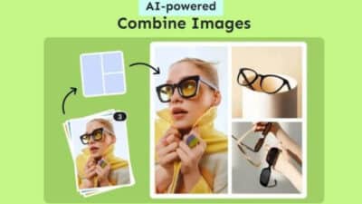 AI-powered tool combines images with ease, showcasing a woman in sunglasses and various eyewear styles for creative design.