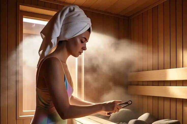 How to Make a Sauna Hotter_ Tips to Boost Heat Performance Woman in sauna wearing towel and swimsuit adjusts hot stones, steam rising around her, creating a calming, spa-like atmosphere. | Sky Rye Design Woman in sauna wearing towel and swimsuit adjusts hot stones, steam rising around her, creating a calming, spa-like atmosphere.
