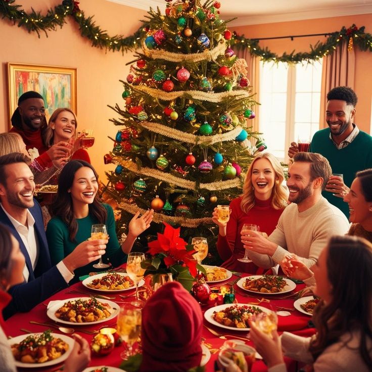 Festive family Christmas dinner with a decorated tree. Smiling group toasting with drinks, celebrating in a warmly lit room with holiday cheer.  Christmas games with gifts