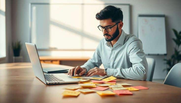 How to Validate Your Business Idea Quickly Young professional working on a laptop in a modern office, surrounded by colorful sticky notes, focused on tasks. | Sky Rye Design Young professional working on a laptop in a modern office, surrounded by colorful sticky notes, focused on tasks.