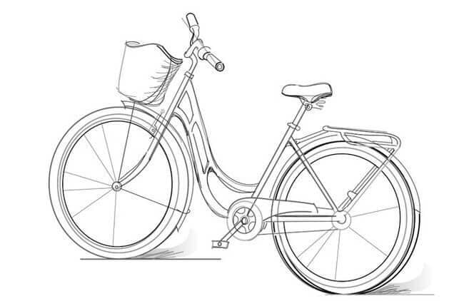 How to draw a bike with pencil step-by-step drawing tutorial 1 Illustration of a classic bicycle with a front basket, ideal for city commuting and leisurely rides. Detailed sketch highlighting bike features. | Sky Rye Design Illustration of a classic bicycle with a front basket, ideal for city commuting and leisurely rides. Detailed sketch highlighting bike features.