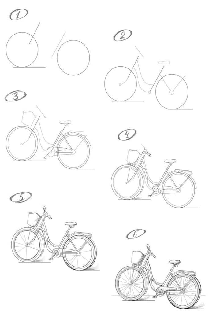 How to draw a bike with pencil step-by-step drawing tutorial Step-by-step guide on drawing a bicycle, illustrating the process from basic shapes to a detailed, realistic sketch. | Sky Rye Design Step-by-step guide on drawing a bicycle, illustrating the process from basic shapes to a detailed, realistic sketch.