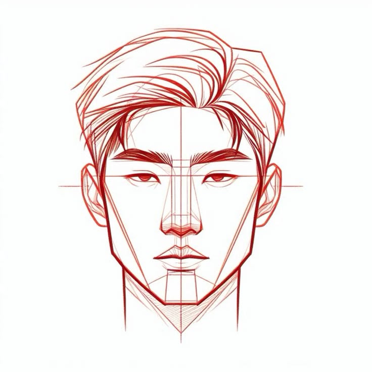 How to draw masculine proportions easy drawing face guide DIY Art 💡✍️❤️_🩹 Illustration of a male face sketch in red lines, demonstrating facial proportions and symmetry, with detailed hair and eyebrows. | Sky Rye Design Illustration of a male face sketch in red lines, demonstrating facial proportions and symmetry, with detailed hair and eyebrows.