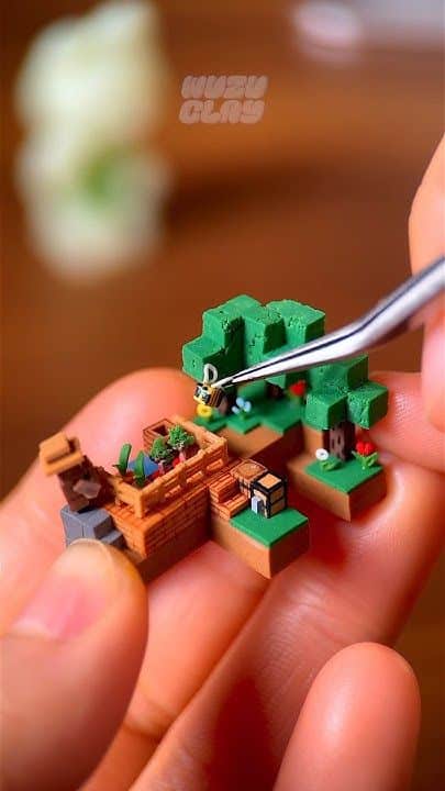 I made MINECRAFT 3D letters 8 🌼 F _ Flower Forest Farm Miniature clay model of a Minecraft scene with trees and a crafting table, held by tweezers for detailing. | Sky Rye Design Miniature clay model of a Minecraft scene with trees and a crafting table, held by tweezers for detailing.