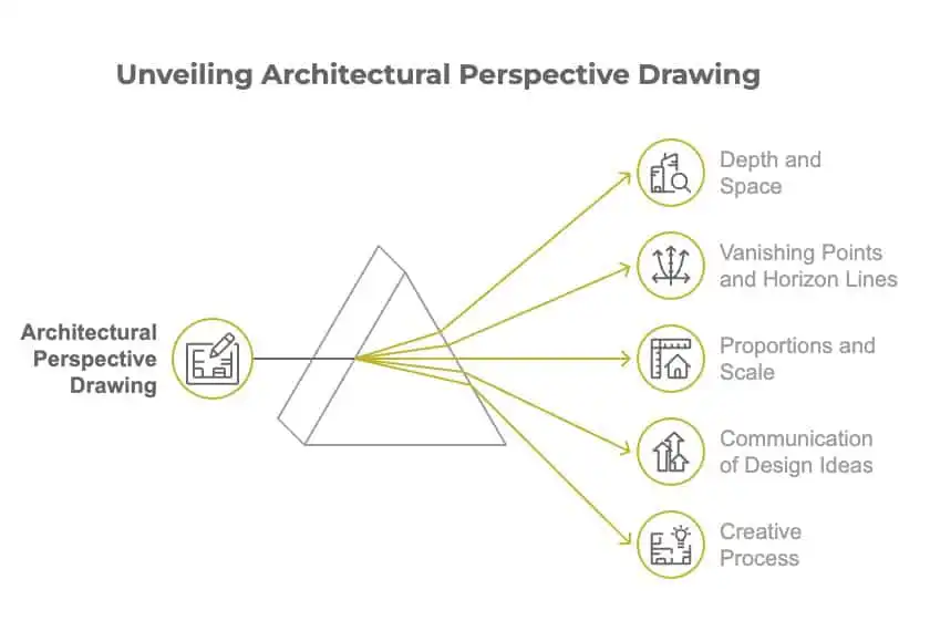 Diagram illustrating key concepts of architectural perspective drawing, including depth, vanishing points, proportions, and design communication.