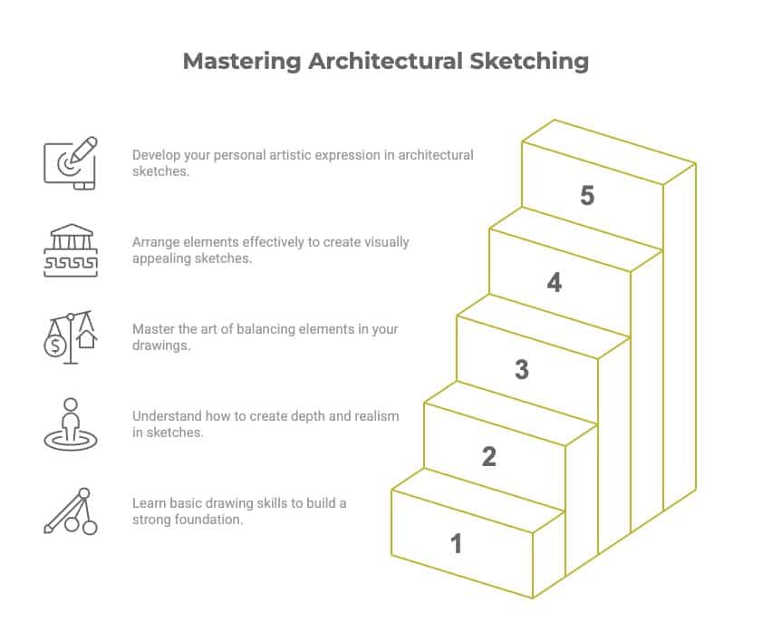 IMAGE 2025-12-30 161655 Illustration of a five-step guide to mastering architectural sketching, emphasizing skill development from basic drawing to advanced techniques. | Sky Rye Design Illustration of a five-step guide to mastering architectural sketching, emphasizing skill development from basic drawing to advanced techniques.