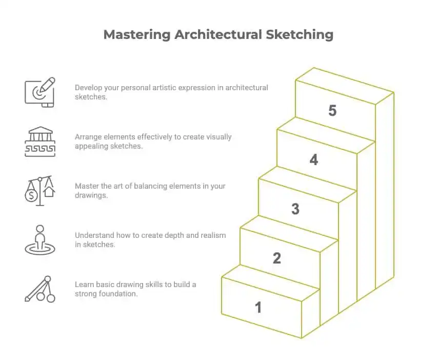 Illustration of a five-step guide to mastering architectural sketching, emphasizing skill development from basic drawing to advanced techniques.