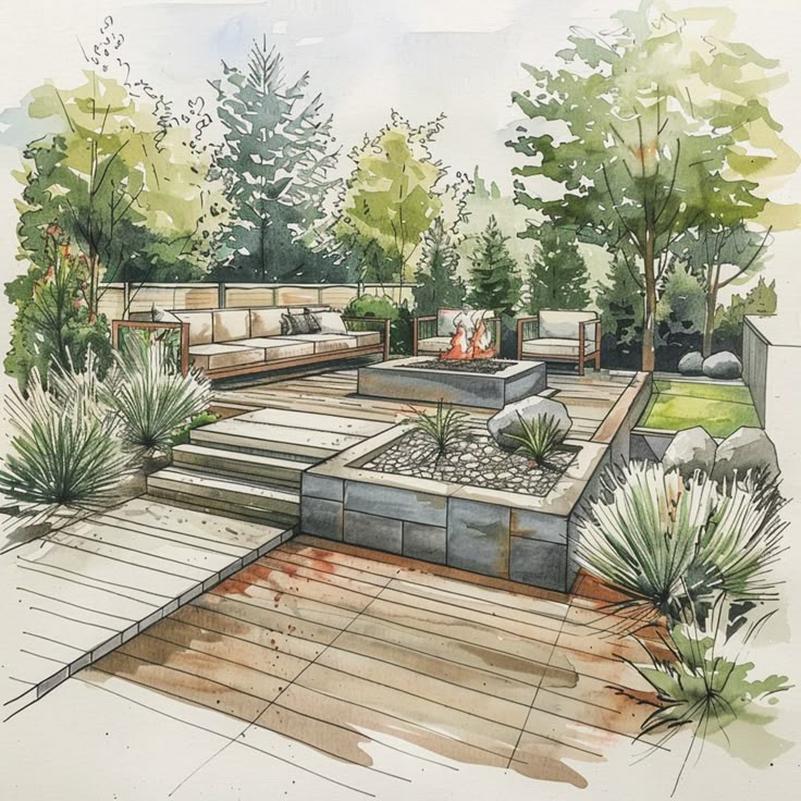 Indoor_ Outdoor Area 14 Modern backyard design with a cozy seating area, fire pit, lush greenery, and wooden decking for an inviting outdoor living space. | Sky Rye Design Modern backyard design with a cozy seating area, fire pit, lush greenery, and wooden decking for an inviting outdoor living space.