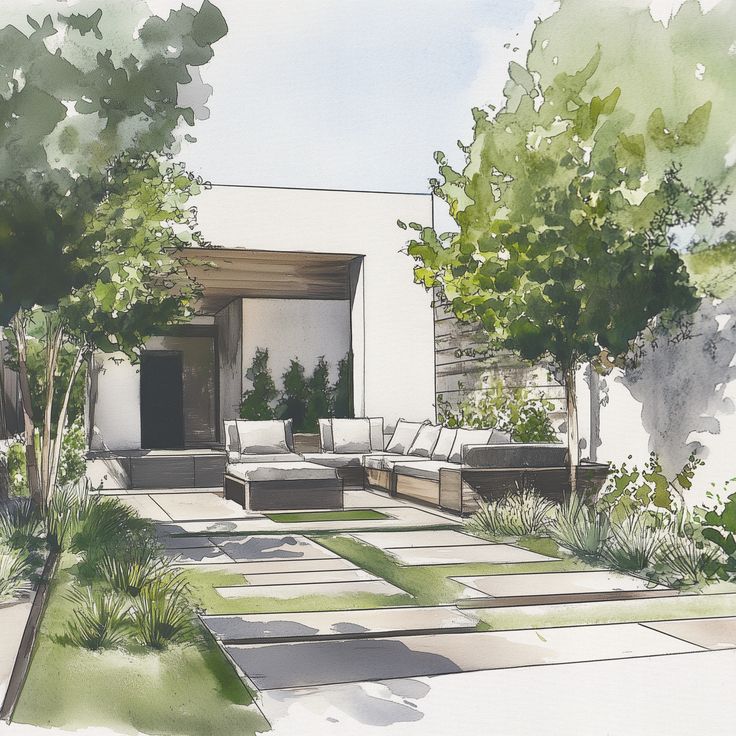 Indoor_ Outdoor Area 20 Modern garden patio with stylish seating, lush greenery, and a minimalist path design under a clear sky. Perfect for outdoor relaxation. | Sky Rye Design Modern garden patio with stylish seating, lush greenery, and a minimalist path design under a clear sky. Perfect for outdoor relaxation.