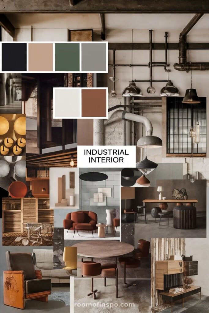 Industrial Moodboard_ Part of Our Interior Design Guide Collage of industrial interior design elements and color palettes, featuring rustic furniture, metal pipes, and earthy tones. | Sky Rye Design Collage of industrial interior design elements and color palettes, featuring rustic furniture, metal pipes, and earthy tones.