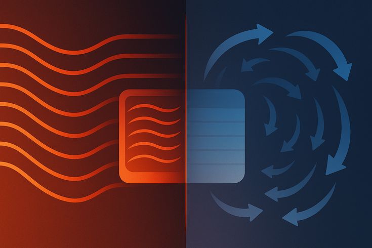 Infrared vs Convection Heaters_ Comprehensive Comparison Illustration of heat exchange: red linear flow on left, blue swirling arrows on right, symbolizing transfer and circulation dynamics. | Sky Rye Design Illustration of heat exchange: red linear flow on left, blue swirling arrows on right, symbolizing transfer and circulation dynamics.