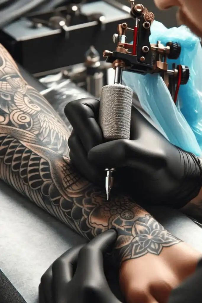Tattoo artist skillfully inking a detailed blackwork design on a client's arm with intricate patterns using a tattoo machine.