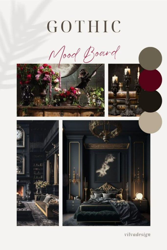 Inspirational Interior Styles_ Gothic Gothic mood board featuring dark, elegant interiors, ornate decor, rich color palette, candles, and floral arrangements for design inspiration. | Sky Rye Design Gothic mood board featuring dark, elegant interiors, ornate decor, rich color palette, candles, and floral arrangements for design inspiration.