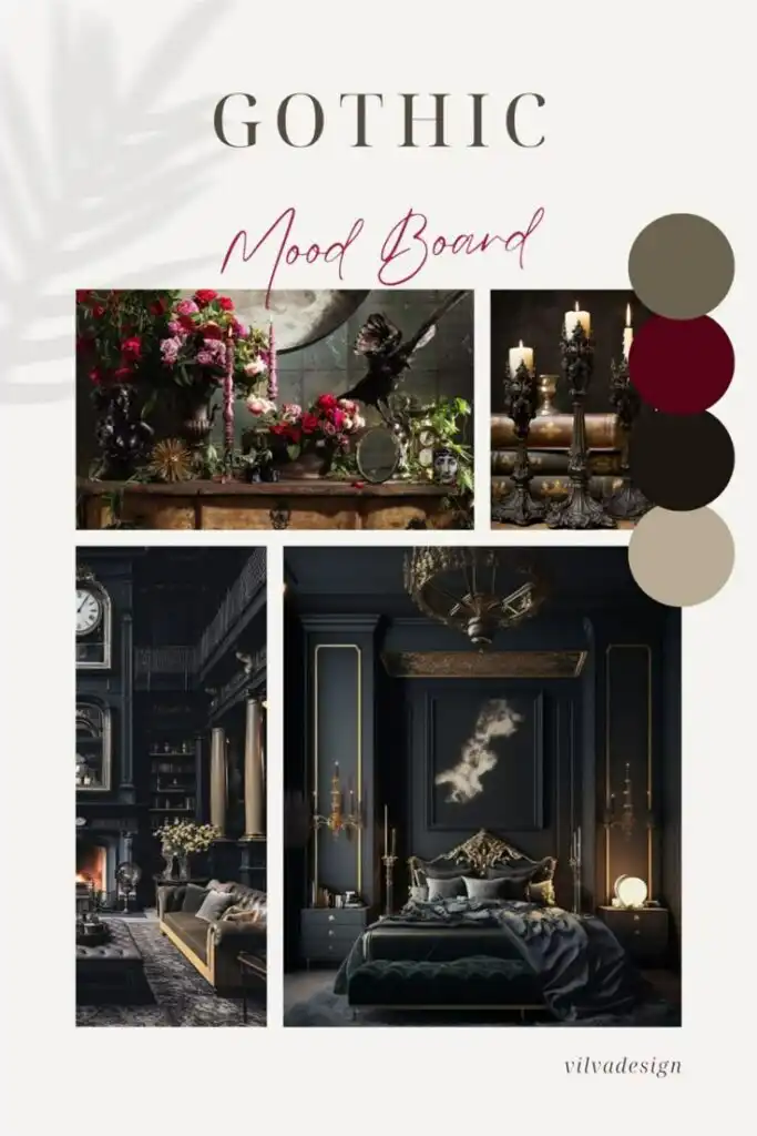 Gothic mood board featuring dark, elegant interiors, ornate decor, rich color palette, candles, and floral arrangements for design inspiration.