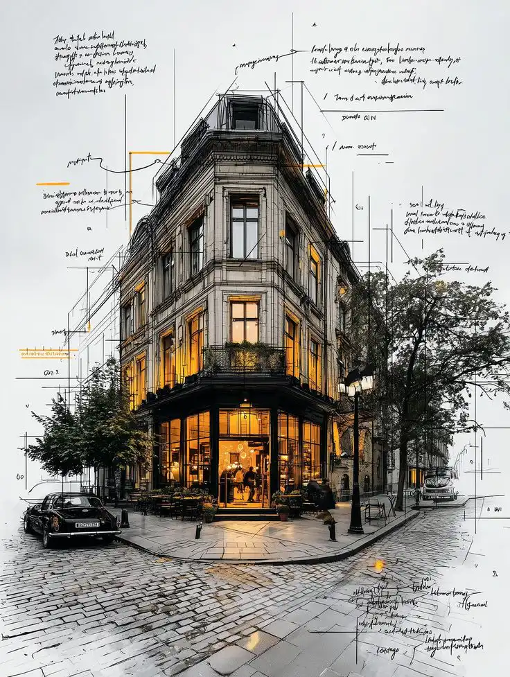 Historic building on a rainy street corner, illuminated at dusk, with hand-drawn architectural sketches overlayed, creating a warm ambiance.