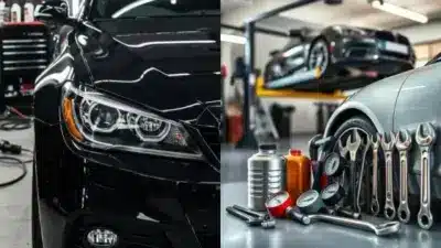 Close-up of a car front and auto repair tools in a garage setting, highlighting vehicle maintenance and servicing essentials.