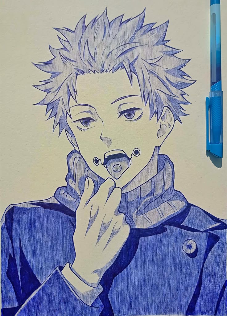 Blue pen sketch of an anime character with spiky hair, wearing a high-collared sweater, showcasing artistic detail and style.