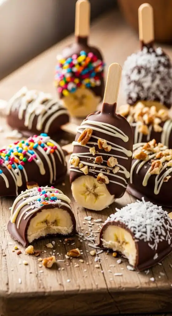 Chocolate-covered banana pops topped with colorful sprinkles, nuts, and coconut on a wooden board, perfect for a sweet treat.