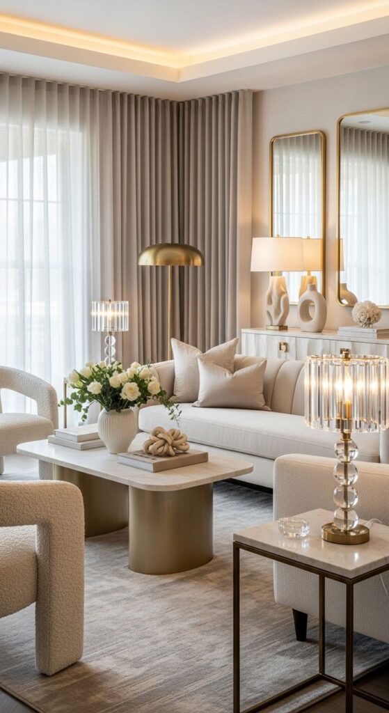 Ivory Champagne Glam Soft Neutral Glam Room Decor That Feels Chic Elegant, modern living room with beige sofa, plush pillows, gold accents, and decorative lamps. Cozy ambiance with soft lighting and floral decor. | Sky Rye Design Elegant, modern living room with beige sofa, plush pillows, gold accents, and decorative lamps. Cozy ambiance with soft lighting and floral decor.