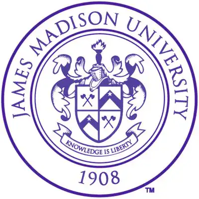 James Madison University seal with crest and motto Knowledge is Liberty, established 1908, displayed in purple.