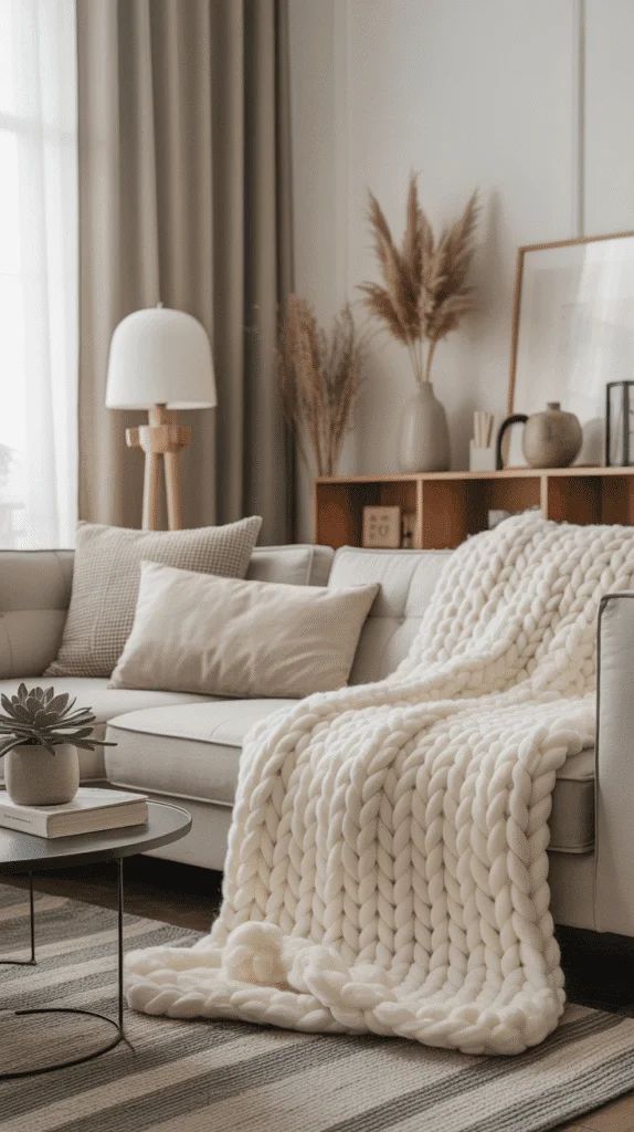Japandi Interior Design Living Room_ 9 Effortless Ways to Blend Zen Scandinavian Coziness - Dear Maple Cozy living room with a white chunky knit blanket on a beige sofa, stylish decor, and natural light. Perfect for relaxation and comfort. | Sky Rye Design Cozy living room with a white chunky knit blanket on a beige sofa, stylish decor, and natural light. Perfect for relaxation and comfort.