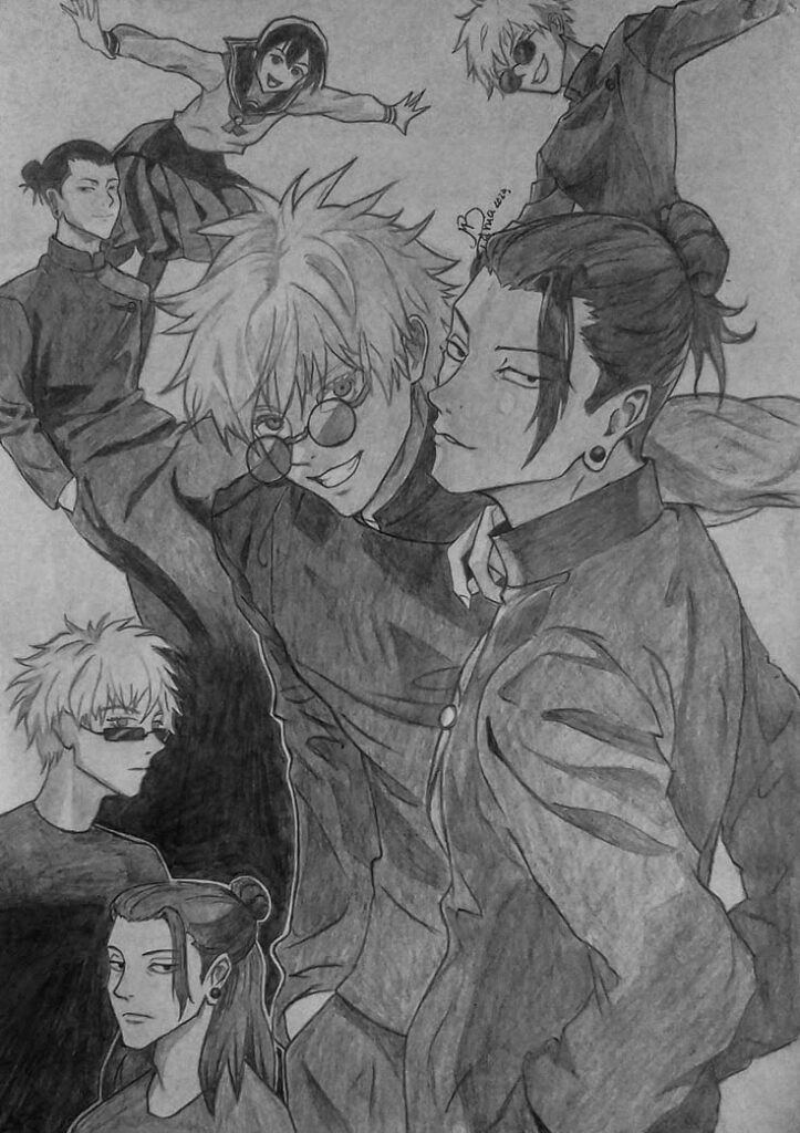 Dynamic black and white anime fan art featuring multiple characters in action poses, showcasing expressive details and stylish outfits.