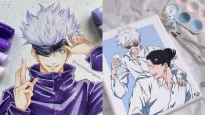 Anime art featuring a white-haired character with a blindfold in purple attire and two laughing friends in casual white shirts.