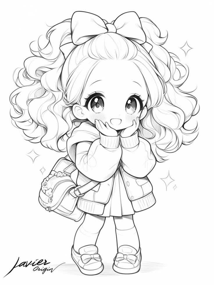 Kawaii Dolls_ Cute and Stylish Plush Toys for Kids Cute chibi girl with a big bow, curly hair, and backpack, smiling playfully in an adorable manga style illustration. | Sky Rye Design Cute chibi girl with a big bow, curly hair, and backpack, smiling playfully in an adorable manga style illustration.