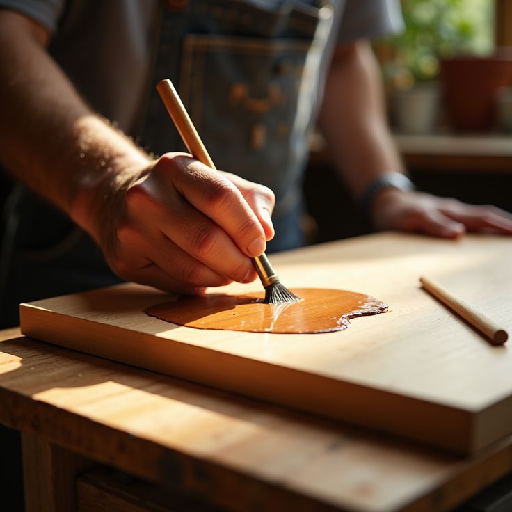 Keep Your Home in Tip-Top Shape 🔧🏡 Person applying varnish on wood with a brush in a sunlit workshop, focusing on craftsmanship and DIY woodworking. | Sky Rye Design Person applying varnish on wood with a brush in a sunlit workshop, focusing on craftsmanship and DIY woodworking.