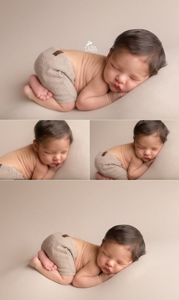 Keller TX Newborn Photographer _ DFW Newborn Photographer Sebastian Sleeping baby in cozy beige outfit on soft blanket, capturing peaceful newborn photography. | Sky Rye Design Sleeping baby in cozy beige outfit on soft blanket, capturing peaceful newborn photography.